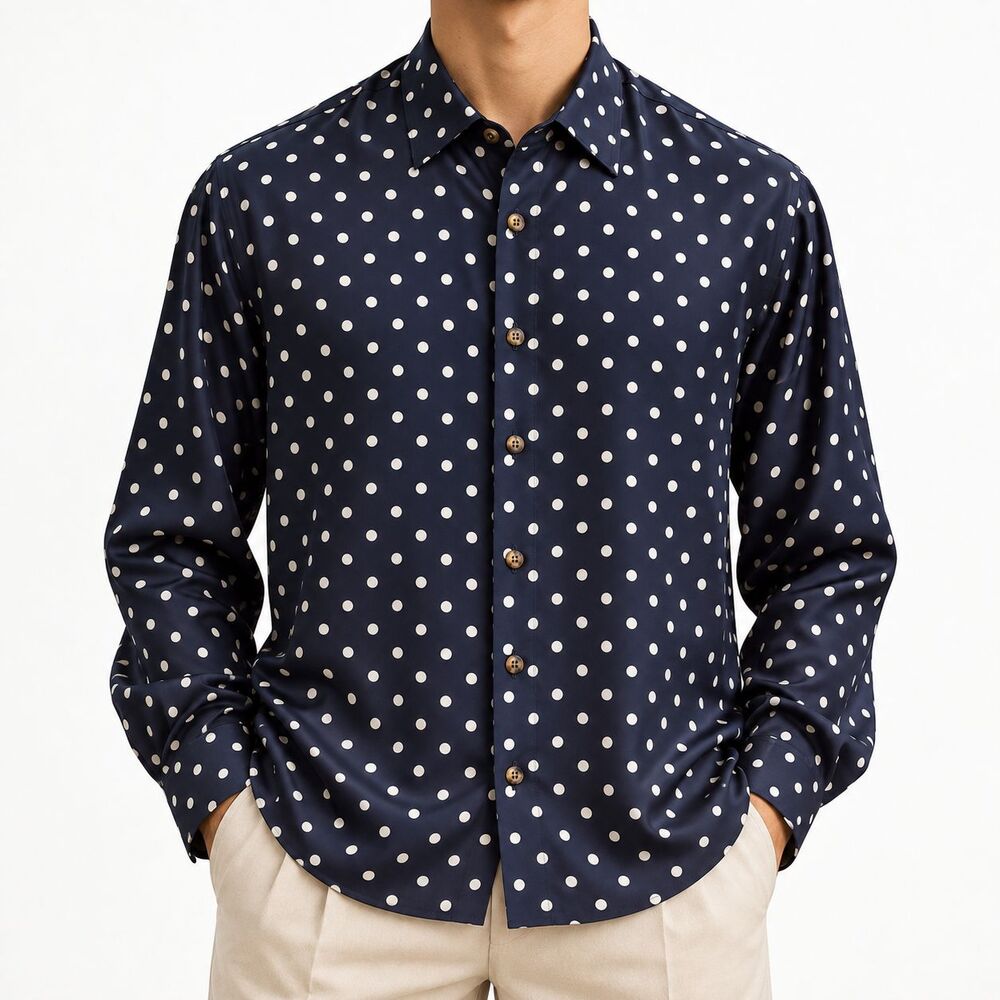 Mens Large Navy White Polka Dot 100% Silk Long Sleeve Button Up Dress Shirt NWT